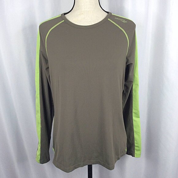 Saucony Running Athletic Top Womens Size Large Brown Green Long Sleeve Crew Neck - Picture 1 of 6